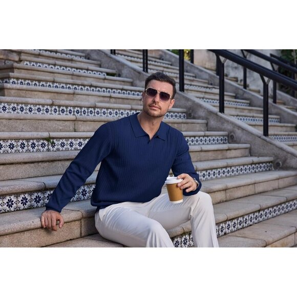 Mens Long Sleeve Knit Polo Shirt Lightweight Ribbed Polos Sweater Fall Winter Th - Picture 6 of 7